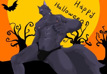 1boy abs bat_(animal) chaos_zero_nightmare claws furry furry_male halloween highres hugo_(chaos_zero_nightmare) looking_at_viewer male_focus male_underwear nipples pubic_hair purple_fur scar scar_on_face solo solo_focus tail tree underwear underwear_only wolf wolf_tail