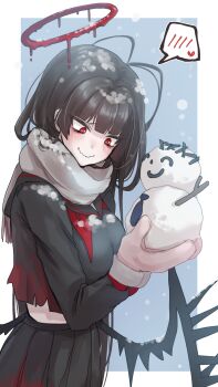 Rule 34 | 1girl, antenna hair, black hair, black wings, blood, blood halo, blue archive, blush, breasts, character snowman, commentary, doodle sensei (blue archive), halo, highres, holding snowman, komena (shinyday312), large breasts, liquid halo, long hair, melting halo, red eyes, red halo, scarf, school uniform, sensei (blue archive), smile, snowman, solo, tsurugi (blue archive), untranslatable commentary, wings