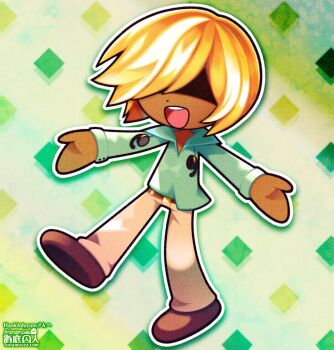 Rule 34 | 1boy, argyle background, artist logo, belt, blonde hair, brown belt, brown pants, brown shoes, chibi, chibi only, collared jacket, commentary, commission, commissioner name, dark-skinned male, dark skin, dot nose, english commentary, film grain, funamusea (artist), green background, green jacket, highres, jacket, logo, male focus, mikhael (omori), omori, open mouth, outline, outstretched arms, pants, patterned background, second-party source, shaded face, shoes, short hair, solo, spread arms, teeth, upper teeth only, vgen commission, white outline