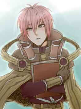 1boy bishounen blue_background book brown_cape brown_gloves brown_shirt cape commentary_request gloves green_eyes hair_between_eyes holding holding_book long_sleeves looking_afar male_focus parted_lips pink_hair ragnarok_online sage_(ragnarok_online) sawsou shirt short_hair solo striped_cape upper_body