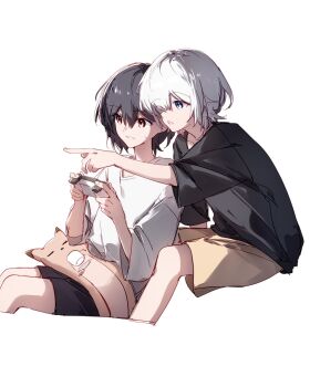 2girls bang_dream! bang_dream!_it&#039;s_mygo!!!!! black_shirt black_shorts blue_eyes brown_eyes brown_shorts grey_hair hair_between_eyes handheld_game_console hibioes highres holding holding_handheld_game_console kaname_raana multiple_girls open_mouth pointing shirt short_hair shorts simple_background sweatdrop takamatsu_tomori white_background white_hair white_shirt