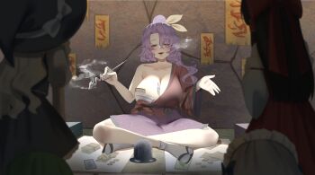 4girls ability_card_(touhou) absurdres between_breasts bow breasts coin collarbone commentary detached_sleeves grey_hair hakurei_reimu hat hat_bow highres holding holding_smoking_pipe izayoi_sakuya kirisame_marisa kiseru komakusa_sannyo long_hair looking_at_viewer maid_headdress multiple_girls no_noru open_mouth ponytail purple_hair purple_skirt red_eyes sandals sitting skirt smile smoke smoking_pipe socks solo_focus touhou unconnected_marketeers white_bow white_socks witch_hat