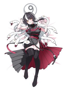 1girl absurdres azami_(blue_archive) black_hair black_kimono black_nails black_thighhighs blue_archive breasts days_(user_zehd4554) forked_tongue grey_halo halo highres japanese_clothes kimono large_breasts looking_at_viewer lying multicolored_hair on_back sleeveless sleeveless_kimono slit_pupils snake snake_hair solo thighhighs tongue two-tone_hair white_hair white_snake yellow_eyes