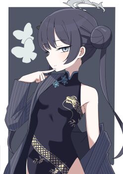 Rule 34 | 1girl, absurdres, black dress, black hair, blue archive, breasts, china dress, chinese clothes, closed mouth, commentary request, dragon print, dress, finger to own chin, grey eyes, grey halo, hair bun, halo, highres, jacket, kisaki (blue archive), long hair, long sleeves, looking at viewer, nyanzai-sensei, open clothes, open jacket, single bare shoulder, sleeveless, sleeveless dress, small breasts, solo, twintails
