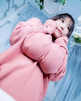 1girl breast_press breasts brown_eyes brown_hair female_focus highres large_breasts looking_at_viewer medium_hair model photo_(medium) shibuya_kaho smile solo