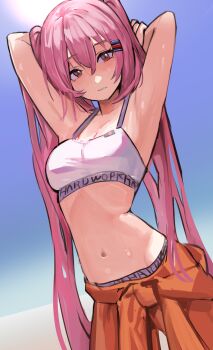 1girl armpits arms_up blush breasts cleavage collarbone commentary_request cowboy_shot english_text hair_ornament hairclip highres jumpsuit jumpsuit_around_waist jumpsuit_partially_removed long_hair looking_at_viewer navel orange_jumpsuit original panties parted_lips pink_hair red_eyes small_breasts solo solokitsune sports_bra sweat twintails underwear very_long_hair