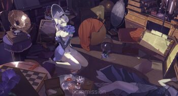 1girl 1other absurdly_detailed_composition clutter commission curtained_hair desk dress eyewear_on_head flower from_above glass globe hair_between_eyes high_heels highres holding holding_flower indoors light_particles loaded_interior lying ma_someru mirror on_ground on_side original ottoman_(furniture) phonograph poppy_(flower) purple_dress scenery seiza sitting table vase white_hair window_light