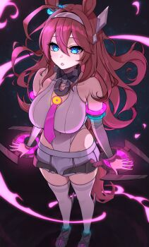 1girl absurdres ahoge animal_ears azuki_(azuki_azukki) bare_shoulders blue_eyes breasts brown_hair commentary_request detached_sleeves ear_ornament grey_sleeves hairband highleg highleg_leotard highres horse_ears horse_girl horse_tail large_breasts leotard long_hair looking_at_viewer lowleg lowleg_skirt mihono_bourbon_(mb-19890425)_(umamusume) mihono_bourbon_(umamusume) necktie necktie_overhang pink_necktie silver_hairband skirt solo tail thighhighs umamusume white_leotard white_thighhighs