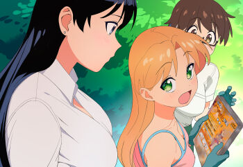 3girls :d a1_(initial-g) arato_nagi black-framed_eyewear black_hair blonde_hair book breasts brown_hair camisole cleavage collared_shirt earrings glasses gloves green_eyes green_gloves holding holding_book imari_youko jewelry large_breasts long_hair looking_at_another manga_(object) multiple_girls open_mouth pink_camisole ruri_no_houseki semi-rimless_eyewear shirt short_sleeves smile stud_earrings tanigawa_ruri tongue under-rim_eyewear white_shirt