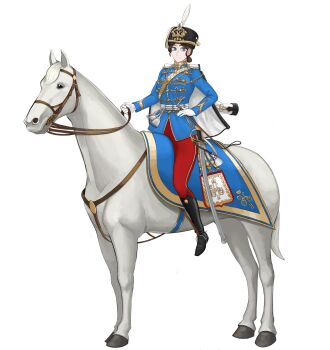 1girl absurdres blue_eyes boots brown_hair cockade dolman_(jacket) double-headed_eagle full_body fur_hat gloves hand_on_own_hip hat highres holding horse hussar imperial_russian_army jacket katyusha_(98269886) knee_boots leather leather_boots looking_at_viewer military military_uniform original pants red_pants russian_empire russian_text saber_(weapon) scabbard sheath sheathed short_hair simple_background smile solo stirrups_(riding) sword sword_knot tassel unworn_jacket weapon white_background white_gloves white_horse world_war_i