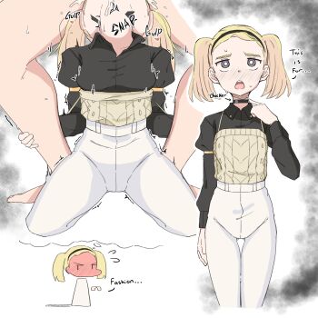 1boy 1girl absurdres age_difference blonde_hair blush borrowed_character breasts chibi chibi_inset choker choker_snapping collared_shirt cum cum_in_mouth cum_in_throat cumdrip deepthroat english_text fellatio forehead full-face_blush hairband harsha_(eisu) hetero high-waist_pants highres implied_deepthroat implied_fellatio irrumatio loli long_hair non-web_source oral original pants purple_eyes shirt simple_background sitting small_breasts spread_legs thick_eyebrows thigh_gap twintails vest wariza white_background white_pants zlix0n