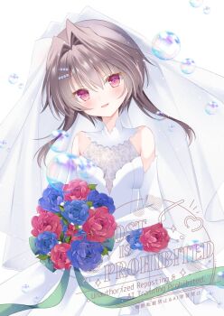 1girl 9-nine- :d alternate_costume bare_shoulders black_hair blue_flower blue_rose blush bouquet bridal_veil commentary_request commission cowboy_shot detached_sleeves dress dress_flower eyelashes eyes_visible_through_hair floating_hair flower green_ribbon hair_between_eyes hair_intakes hair_ornament hairclip happy highres holding holding_bouquet long_dress long_ribbon looking_at_viewer open_mouth parallel_hairclips red_eyes red_flower red_rose ribbon rose shizuki_ayame short_hair_with_long_locks simple_background skeb_commission sleeveless sleeveless_dress smile soap_bubbles solo veil watermark wedding_dress white_background white_dress white_sleeves yuuki_noa