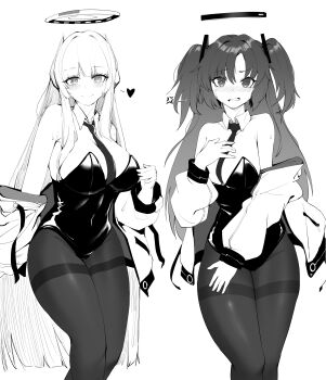 2girls absurdres alternate_costume anger_vein blue_archive blunt_ends blush breasts closed_mouth detached_collar greyscale halo headphones heart highres jacket jacket_partially_removed large_breasts leotard long_hair long_sleeves looking_at_viewer monochrome multiple_girls necktie noa_(blue_archive) off_shoulder open_clothes open_jacket pantyhose playboy_bunny plentyofempty sidelocks simple_background sketch smile spoken_anger_vein spoken_heart strapless strapless_leotard two_side_up yuuka_(blue_archive)