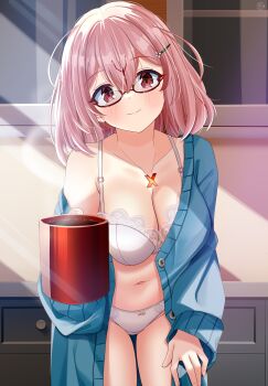 absurdres blue_cardigan blush bra breasts cardigan cleavage closed_mouth coffee_mug collarbone commentary_request cup helvetica_std highres holding holding_cup indoors jewelry long_hair long_sleeves looking_at_viewer medium_breasts mug navel necklace original panties pink_hair red_eyes smile standing sunlight thighs underwear white_bra white_panties