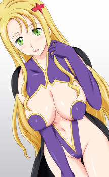 1girl blonde_hair blush breasts code_geass elbow_gloves gloves green_eyes groin large_breasts leotard liliana_vergamon long_hair looking_at_viewer mitora5 navel open_mouth simple_background smile solo white_background