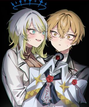 1boy 1girl ascot black_ascot black_background black_jacket blonde_hair blue_eyes blue_halo blush brown_sweater clothes_hanger collared_shirt commentary_request crazy crazy_smile eyeshadow faust_(project_moon) flower green_hair hair_between_eyes halo highres jacket lapels limbus_company long_sleeves looking_at_another makeup mu46016419 multicolored_hair necktie open_clothes open_jacket open_mouth open_robe project_moon red_eyeshadow red_flower red_necktie red_rose robe rose shirt short_hair simple_background sinclair_(project_moon) smile star_ornament sweatdrop sweater turtleneck turtleneck_sweater two-tone_hair upper_body white_hair white_robe white_shirt yellow_eyes