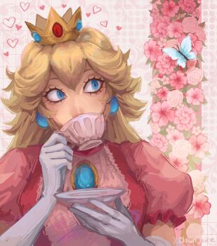 1girl blonde_hair blue_eyes bug butterfly clown_juice commentary crown cup dress drinking earrings english_commentary flower gloves gold_crown highres holding holding_cup insect jewelry mario_(series) nintendo pink_dress pink_flower princess_peach sphere_earrings teacup