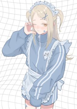 1girl absurdres apron back_bow bandaid bandaid_on_face bandaid_on_leg blonde_hair blue_jacket blue_nails blue_shorts bow checkered_background closed_mouth colored_eyelashes fingernails flipped_hair frilled_apron frills gakuen_idolmaster hair_ornament half-heart_hands hand_up hashtag-only_commentary highres idolmaster inase_(1na1000) jacket jersey_maid long_hair looking_at_viewer maid maid_apron maid_headdress nail_polish name_tag one_eye_closed orange_eyes shinosawa_hiro shorts sleeves_past_fingers sleeves_past_wrists solo striped_clothes striped_jacket striped_shorts swept_bangs track_jacket two_side_up unconventional_maid waist_apron white_apron white_background white_bow white_headdress x_hair_ornament zipper