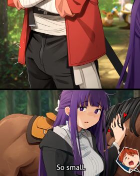 1boy 1girl 2girls absurdres animal blurry breasts bulge coat crossed_arms crying disappointed disgust eevee english_text fern_(sousou_no_frieren) frieren gen_1_pokemon highres horse humiliation humillation khyle. large_breasts long_hair multiple_girls nintendo pants pokemon purple_eyes purple_hair red_hair small_penis small_penis_humiliation sousou_no_frieren speech_bubble squatting stark_(sousou_no_frieren) tree veins x-ray_vision