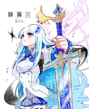 1girl absurdres bird blue_hair blunt_bangs commentary commission cowboy_shot dress highres holding holding_sword holding_weapon lize_helesta long_hair looking_at_viewer looking_to_the_side multicolored_hair nijisanji pink_eyes planted planted_sword planted_weapon qr_code ringed_eyes skeb_commission smile solo sunao_saito sword symbol-only_commentary thighhighs two-tone_hair virtual_youtuber watermark weapon white_background white_dress white_hair yellow_bird zettai_ryouiki