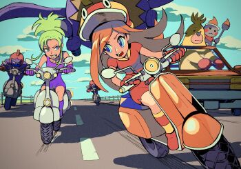 2girls aircraft art_(warioware) blue_eyes blue_sky boots car character_request cloud deco_(warioware) gloves green_hair hat highres long_hair mona_(warioware) motor_vehicle multiple_girls nintendo open_mouth orange_hair pizza_dinosaur ponytail rinabe_(@rfufvas3phbxkxa) road scooter skirt sky vanessa_(warioware) warioware warioware:_touched!