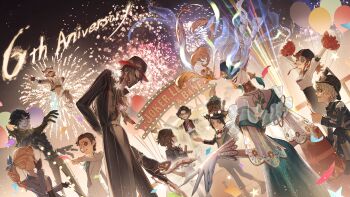 4girls 6+boys :d aerial_fireworks alice_deross anniversary arm_behind_back arms_up ascot backpack backwards_hat bag balloon bandage_over_one_eye baseball_cap beard black_bow black_bowtie black_coat black_gloves black_hair black_hat black_jacket black_pants black_scarf black_shirt black_shoes black_skirt black_suit black_vest blank_eyes blonde_hair blue_eyes blue_ribbon bow bowtie brown_eyes brown_hair brown_pants button_eyes buttons charles_holt charles_holt_(strange_dream) closed_mouth coat collared_shirt colored_skin comb_over control_bar curtained_hair domino_mask dress drill_hair drill_ponytail earrings emma_woods emma_woods_(stage_host) eye_mask eye_trail facial_hair fake_horns feet_out_of_frame fingernails fire_helmet firefighter fireworks floating floating_hair floral_print florian_brand flower fool&#039;s_gold_(identity_v) formal_clothes full_beard full_body fur-trimmed_jacket fur_trim gem gloves gold_choker gold_necklace green_ascot green_dress green_eyes green_gemstone grey_jacket grey_skin grey_vest grin hair_over_eyes hair_over_one_eye hair_ribbon hair_slicked_back hand_to_own_mouth hat hat_ornament highres holding holding_balloon holding_matchstick holding_pom_poms horned_headwear horns identity_v ivy_(identity_v) jack_(identity_v) jack_(tuberose)_(identity_v) jacket jewelry lapels light_trail lily_barriere long_hair long_sleeves looking_at_another looking_at_viewer looking_up louis_(identity_v) makeup mask material_growth matthias_czernin monocle multicolored_hair multiple_boys multiple_girls mustache necklace neri_(zooorooo-1115) night notched_lapels off-shoulder_dress off_shoulder official_alternate_costume on_one_knee open_clothes open_jacket open_mouth orange_hair orpheus_(identity_v) outdoors pant_suit pants parted_bangs pearl_(gemstone) pinstripe_coat pinstripe_pants pinstripe_pattern polka_dot polka_dot_socks pom_pom_(cheerleading) pom_poms puppet red_lips red_socks ribbon ringlets runny_makeup scar scar_on_face scarf see-through_clothes see-through_sleeves sharp_fingernails shears shirt shoes short_hair single_glove skirt smile socks solid_eyes stage standing stitched_face stitched_mouth stitches streaked_hair stuffing suit suit_jacket sweater tassel tassel_earrings three-quarter_sleeves top_hat trilby twintails vest wavy_hair white_flower white_gloves white_hair white_jacket white_pants white_shirt white_sweater yellow_vest