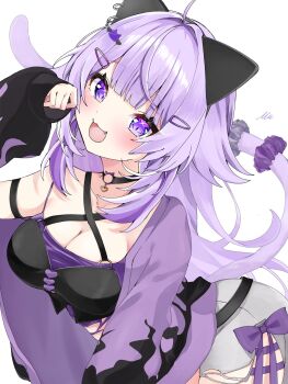 1girl ahoge animal_ears black_choker blush breasts cat_ears cat_girl cat_tail choker cleavage commentary_request cowboy_shot crop_top detached_sleeves ekakimii fang grey_shorts hair_ornament hairclip hand_up highres hololive large_breasts long_hair long_sleeves looking_at_viewer nekomata_okayu nekomata_okayu_(personya_respect) o-ring o-ring_choker official_alternate_costume official_alternate_hair_length official_alternate_hairstyle open_mouth parted_bangs purple_eyes purple_hair purple_scrunchie scrunchie shorts smile solo tail tail_scrunchie virtual_youtuber white_background