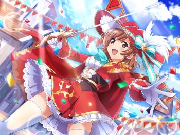 1girl aijou_karen aqua_ascot ascot brown_eyes brown_hair building epaulettes game_cg gloves hat hat_feather holding holding_sword holding_weapon jacket long_sleeves official_art open_mouth outstretched_arm rapier red_hat red_jacket red_skirt short_hair shoujo_kageki_revue_starlight shoujo_kageki_revue_starlight_-re_live- skirt solo standing sword thighhighs upper_body weapon white_gloves white_thighhighs