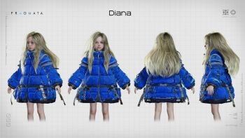 1girl 3d aqua_eyes artist_request blonde_hair blue_coat character_name closed_mouth coat commentary_request copyright_name diana_(pragmata) expressionless facing_away highres lips long_hair long_sleeves multiple_views official_art padded_coat parted_bangs photorealistic pragmata profile realistic reference_sheet straight-on