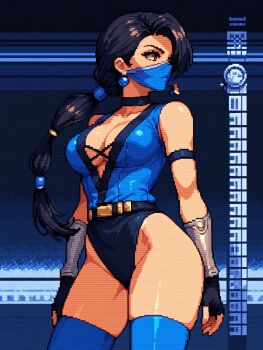 0xcyop 1girl black_hair blue_leotard blue_thighhighs boots breasts brown_eyes cleavage collarbone curvy earrings elbow_gloves gloves gluteal_fold headband highleg highleg_leotard highres jewelry kitana large_breasts leotard long_hair low_ponytail mask mortal_kombat_(series) mouth_mask ninja pixel_art ponytail revealing_clothes shiny_clothes shiny_skin solo standing thigh_boots thighhighs thong_leotard wide_hips