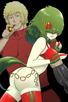 Rule 34 | 1boy, 1girl, ass, ass blush, blonde hair, bra, cigar, cigarette, cobra (space adventure cobra), colored eyelashes, colored skin, curled fingers, green hair, green tail, hair over eyes, hair ribbon, hair rings, highres, holding, holding cigar, holding cigarette, horse girl, jumpsuit, leotard, light blush, muscular, muscular male, original, orijinaruumamusume, pants, personification, psychogun, red bra, red jumpsuit, red pants, red shirt, red sports bra, ribbon, shirt, shy, space, space adventure cobra, space print, sports bra, starry sky print, thighhighs, umamusume, underwear, weapon, white skin, wristband, zibundazenbu