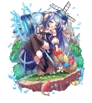1girl :3 animal_ear_fluff animal_ears bell black_shoes black_thighhighs blue_dress blue_hair blush breasts cat_ears cat_girl cat_tail commentary_request dress firing fish full_body garter_straps head_tilt high_heels holding_cannon large_breasts long_hair looking_at_viewer merc_storia merc_storia_art_team neck_bell off-shoulder_dress off_shoulder official_art open_mouth shoes short_dress siam_(merc_storia) side_slit simple_background sitting smile solo tachi-e tail thighhighs thighs transparent_background tree yellow_eyes