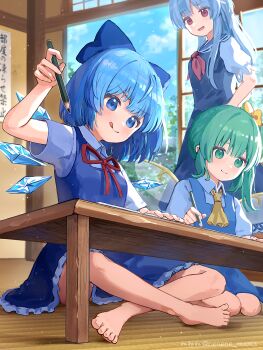 3girls :d :q ascot barefoot blue_bow blue_dress blue_eyes blue_hair blush bow cirno closed_mouth collared_shirt commentary_request daiyousei day dress frilled_dress frills green_eyes green_hair hair_bow highres holding holding_pencil ice ice_wings indian_style indoors kamishirasawa_keine long_hair multiple_girls neckerchief nene_man open_mouth pencil pinafore_dress red_neckerchief shirt short_hair short_sleeves sitting sleeveless sleeveless_dress smile table tongue tongue_out touhou white_shirt wings yellow_ascot yellow_bow