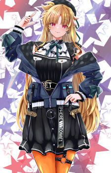 1girl belt black_belt black_dress black_hat blonde_hair blue_jacket closed_mouth commentary_request cosplay dress fate_testarossa hat highres hololive hoshimachi_suisei hoshimachi_suisei_(casual) hoshimachi_suisei_(cosplay) jacket long_hair looking_at_viewer lyrical_nanoha mahou_shoujo_lyrical_nanoha_strikers open_clothes orange_pantyhose pantyhose red_eyes smile solo sougetsu_izuki star_(symbol) star_symbol_background very_long_hair virtual_youtuber