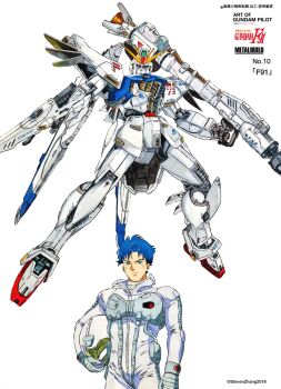 1990s_(style) 1boy 2018 bazooka_(gundam) beam_rifle blue_hair dated energy_gun f91_gundam gundam gundam_f91 helmet highres holding holding_unworn_helmet looking_at_viewer machinery marker_(medium) mecha mecha_pilot_suit mobile_suit normal_suit_(gundam) retro_artstyle robot scan science_fiction seabook_arno serious signature steven_(sz0097) traditional_media unworn_headwear unworn_helmet v-fin weapon white_background
