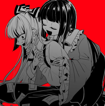2girls blunt_bangs bow closed_eyes collared_shirt commentary_request frilled_sleeves frills fujiwara_no_mokou greyscale_with_colored_background hair_bow hands_on_another&#039;s_arms highres houraisan_kaguya hug hug_from_behind long_hair long_skirt long_sleeves multiple_girls ofuda ofuda_on_clothes open_mouth pants red_background shirt sidelocks simple_background skirt smile suspenders sweat tamiko_(tamik0224) touhou very_long_hair wide-eyed wide_sleeves yuri