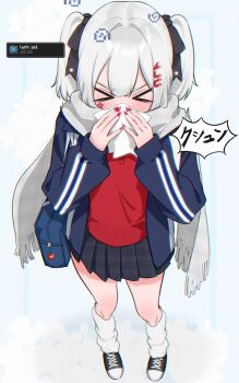 >_< absurdres blue_jacket cloud cold highres jacket minecraft minecraft_effect_icon original red_nails red_shirt scarf shirt skirt sneezing standing twintails white_background white_hair white_scarf yuki_kurihara yukivju