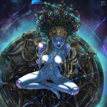 1girl arm_support barefoot blonde_hair blue_eyes blue_skin breasts colored_skin commentary english_commentary fantasy from_above highres jewelry large_breasts long_hair looking_at_viewer looking_up narrow_waist navel open_mouth original overexposure paid_reward_available red_lips smile solo tatti_art variant_set