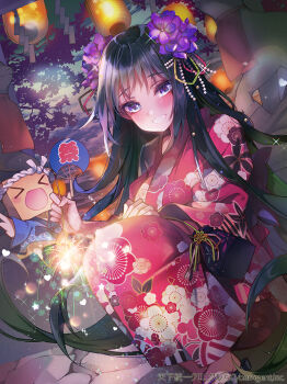 Rule 34 | > <, 1girl, :d, animal ears, bird, black hair, chibi, closed eyes, female focus, flower, fox ears, hair flower, hair ornament, hand fan, inari, japanese clothes, kanola u, kimono, kinchaku, long hair, looking at viewer, obi, open mouth, paper fan, pouch, purple eyes, sash, shrine, smile, solo, statue, summer festival, tenka touitsu chronicle, uchiwa, very long hair, watermark, xd, yukata