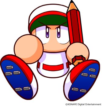 1boy artist_request baseball_cap baseball_uniform copyright_notice hat holding holding_pencil jikkyou_powerful_pro_yakyuu jikkyou_powerful_pro_yakyuu_(style) male_focus multicolored_shirt no_mouth official_art pencil power_pro_kun purple_eyes rayman_limbs red_shirt shirt shoe_soles sitting solo sportswear two-tone_shirt white_hat white_shirt