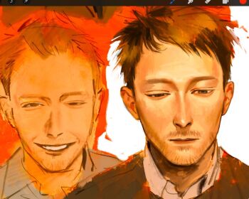 1boy art_program_in_frame asymmetrical_eyes beard_stubble blue_eyes brown_hair collared_shirt facial_hair half-closed_eyes kunnuscumnus looking_at_viewer looking_down multiple_views portrait procreate_(medium) procreate_(software) real_life shirt short_hair sketch smile stubble teeth thom_yorke unfinished white_shirt