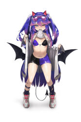Rule 34 | 1girl, absurdres, animal ears, asymmetrical hair, asymmetrical legwear, bandaid, bandaid on leg, bare shoulders, bat ears, bikini, black bikini, black socks, black wings, blue eyes, blush, braid, breasts, character request, commission, demon girl, demon tail, demon wings, french braid, front-tie bikini top, front-tie top, full body, goggles, goggles on head, gradient hair, hair flaps, hair ornament, hairclip, heterochromia, highres, holding, jacket, leg wrap, long hair, looking at viewer, low wings, mouth hold, multicolored hair, navel, open clothes, open jacket, original, pom pom (clothes), pom pom hair ornament, purple bikini, purple hair, purple shorts, red eyes, shirt, shoes, shorts, simple background, small breasts, smile, sneakers, socks, solo, standing, swimsuit, tail, thighs, torn clothes, torn socks, two-tone bikini, two-tone shorts, two side up, undressing, very long hair, white background, white footwear, white shirt, wings, ycrh8525, zipper