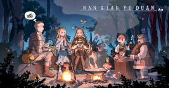 2girls 3boys animal_ears arknights armor beard belt bird blonde_hair blue_bird blue_robe braid brown_hair brown_jacket campfire ceobe_(arknights) chilchuck_tims choker cooking dog_ears dog_girl dress dungeon_meshi dwarf elf facial_hair fake_horns fingerless_gloves food forest gloves green_eyes green_scarf hair_between_eyes halfling helmet highres holding horned_helmet horns jacket laios_touden long_beard long_hair long_sleeves marcille_donato multiple_boys multiple_girls multiple_weapons mustache nanxianyiduan nature night night_sky open_mouth originium_slug_(arknights) outdoors plate_armor pointy_ears pumpkin robe scarf senshi_(dungeon_meshi) shirt short_hair sitting sky smile speech_bubble star_(sky) starry_sky sword thick_mustache thought_bubble very_long_beard very_long_hair walking_mushroom_(dungeon_meshi) weapon white_shirt wide_shot yellow_eyes