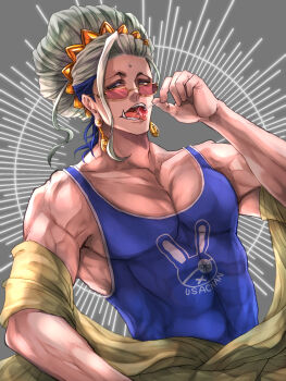 1boy animal_print bindi black_tank_top blonde_hair blue_eyes blue_hair buddha_(shuumatsu_no_valkyrie) candy collarbone covered_abs covered_pectorals crown crown_hair_ornament crown_ornament ear_piercing earrings facial_mark fangs food forehead_mark glasses gold_crown gold_earrings hair_bun half-closed_eyes hand_on_own_hip hand_up highres holding holding_candy holding_food holding_lollipop jewelry lollipop long_hair looking_at_viewer loose_hair_strand male_focus multicolored_hair muscular muscular_male open_mouth pectorals piercing pink_glasses rabbit_print rectangular_eyewear robe shuumatsu_no_valkyrie simple_background solo tagme tank_top teeth toned toned_male tongue tongue_out upper_body white_background yellow_robe