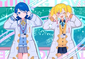 2girls ;) ;d absurdres bespectacled blonde_hair blue_cardigan blue_eyes blue_hair blue_ribbon blue_shirt blue_skirt blush buttons cardigan chalk_drawing chalkboard coat collared_shirt commentary copyright_name cosplay cowboy_shot dot_nose equation get_over_it._(project_sekai) glasses gradient_hair grey_shirt grey_skirt group_name hair_ornament hairclip hands_up highres hoshino_ichika_(project_sekai) instrument lab_coat lapels long_hair long_sidelocks long_sleeves looking_at_viewer miniskirt mishio_(misio_40) multicolored_hair multiple_girls name_tag neck_ribbon notched_lapels official_alternate_color official_alternate_costume one_eye_closed open_clothes open_coat open_mouth orange_cardigan outfit_connection parallel_hairclips piano pink_eyes pink_hair pleated_skirt project_sekai revision ribbon round_eyewear shirt sidelocks skirt smile sparkle standing star_(symbol) tenma_saki tenma_saki_(cosplay) tic-tac-toe turing_love twintails w white_coat yellow_ribbon