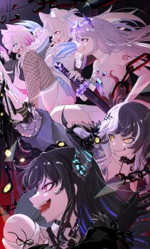 5girls absurdres animal_ears black_hair blue_hair blush breasts fuwawa_abyssgard highres holoadvent hololive hololive_english jewelry koseki_bijou kyouraku long_hair long_sleeves mococo_abyssgard multicolored_hair multiple_girls nerissa_ravencroft open_mouth shiori_novella shirt skirt smile tail white_hair