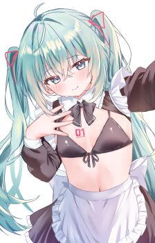 1girl ahoge alternate_costume apron aqua_eyes aqua_hair arm_out_of_frame bikini black_bikini black_bow black_bowtie black_skirt bow bowtie breast_tattoo breasts commentary_request double-parted_bangs hair_between_eyes hair_ribbon hand_on_own_chest hatsune_miku highres long_hair maid maid_apron maid_bikini natukisigure navel number_tattoo pink_ribbon ribbon shrug_(clothing) skirt small_breasts smile stomach sweatdrop swimsuit tattoo twintails unconventional_maid vocaloid white_apron white_background