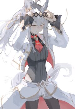 Rule 34 | 1girl, absurdres, ahoge, animal ears, black pantyhose, blush, breasts, brooch, closed eyes, closed mouth, clothing cutout, commentary, cropped jacket, eien 001, grey hair, grey leotard, grey tail, hair between eyes, hair ornament, hair ribbon, highres, hip vent, horse ears, horse girl, horse tail, jacket, jewelry, leotard, long hair, long sleeves, neckerchief, oguri cap (cinderella gray) (umamusume), oguri cap (umamusume), overskirt, pantyhose, ponytail, red neckerchief, ribbon, shorts, simple background, smile, solo, star brooch, tail, umamusume, umamusume: cinderella gray, white jacket, white shorts