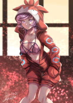 1girl animegao bikini bikini_top_only breasts camerupt character_hood cleavage collarbone commentary_request cosplay courtney_(pokemon) covered_erect_nipples cowboy_shot gen_3_pokemon hands_in_pockets highres hood hood_up kigurumi large_breasts leaning_forward long_sleeves looking_at_viewer navel nintendo partially_unbuttoned pink_bikini pokemon pokemon_oras purple_eyes purple_hair short_hair sidelocks signature smile solo standing stomach swept_bangs swimsuit takecha team_magma