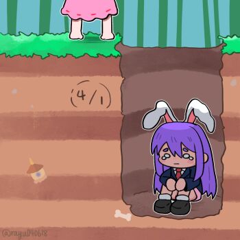 2girls :| animal_ears april_fools bamboo bamboo_forest barefoot bishamonten's_pagoda black_footwear blazer blush bone chibi closed_mouth collared_shirt commentary dated dress english_commentary forest full_body hair_between_eyes hugging_own_legs inaba_tewi jacket long_bangs long_hair long_sleeves multiple_girls nature necktie o_o pitfall rabbit_ears rabbit_girl ray_u red_necktie reisen_udongein_inaba ribbon-trimmed_dress ribbon_trim shirt shoes solo_focus tearing_up touhou white_shirt